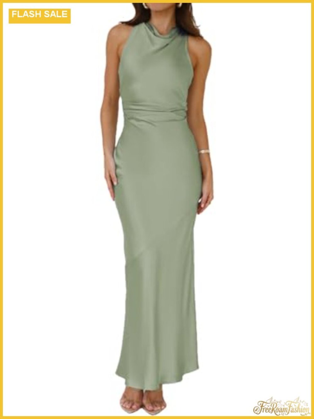 Satin High Neck Backless Maxi Dress for Women Formal Wedding Guest Sleeveless